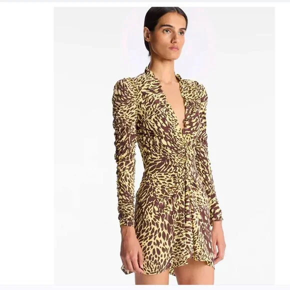 A.L.C. Marcie SILK Mini Dress NWT Golden Haze Chocolate Brown Leopard Brand New - Picture 7 of 14